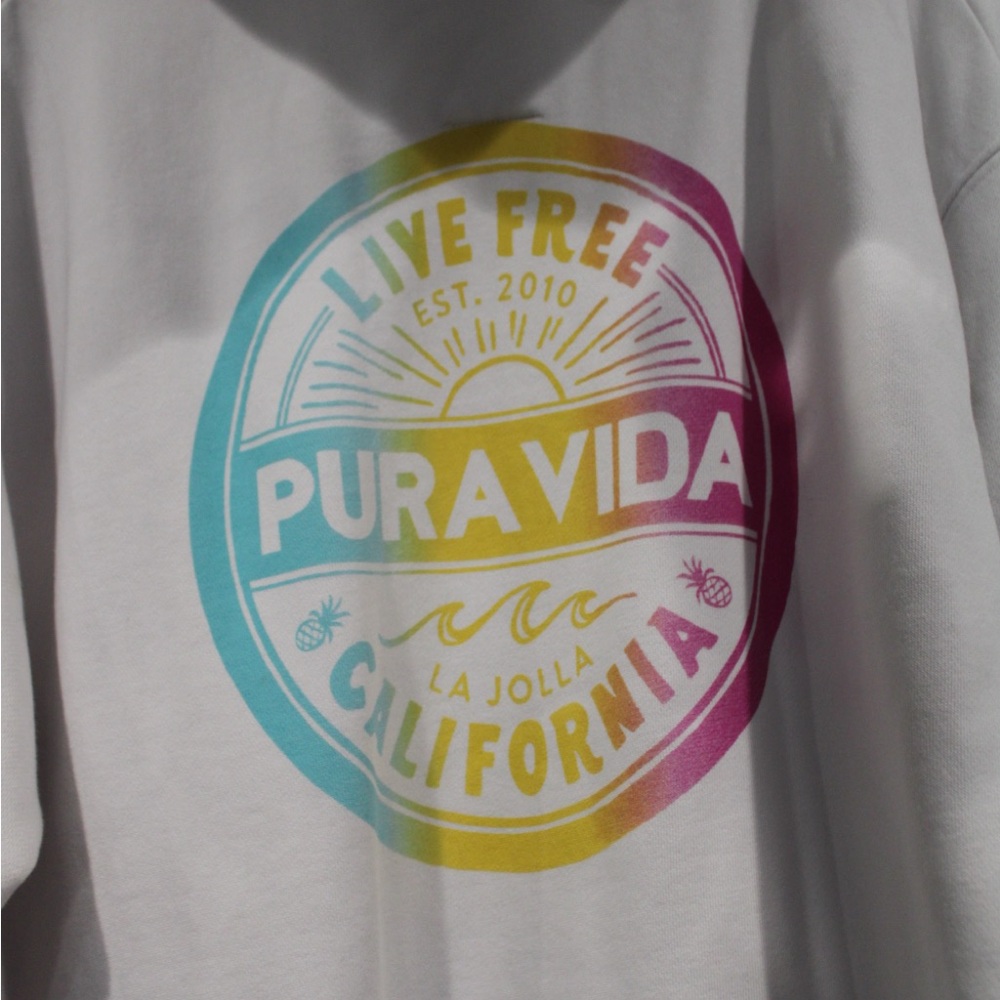 Pura Vida Kids Hoodie - White with Pink, Yellow, and Blue Graphic